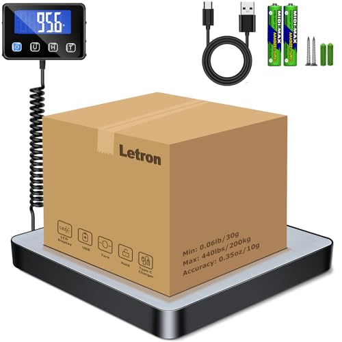 Postal Scales, 200kg/10g High Precision LCD Display Parcel Scales, Parcel Weighing Scales with Hold and Tare Function for Luggage, Package, Warehouse, 2 AAA Batteries and Charging Cable Included