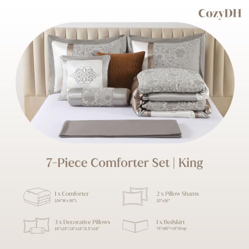 Image of CozyDH King Comforter Set Silver Gray - 7 Piece Luxury Jacquard Damask Bed in a Bag, Elegant Embroidery Modern Silk White Patchwork, All Season Down Alternative Bedding with Skirt, Shams, Pillows