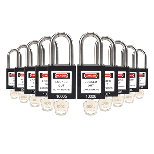 Image of Lockout Tagout Locks with Brass Core, Keyed Different, 10 Black Safety Padlocks Keyed Different,1 Keys Per Lock, OSHA Compliant Loto Locks for Electrical Lock Out Tag Out Kits