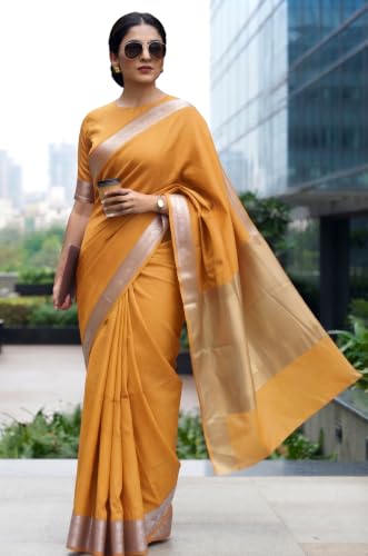 Image of Women's Cotton Blend Banarasi Saree With Unstitched Blouse Piece