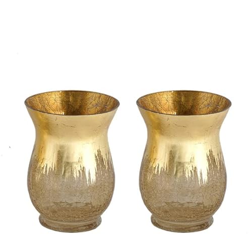 Efavormart Pack Of 2 8" Tall Handmade Gold Foil Crackle Glass Vases Hurricane Candle Holders #TOP3