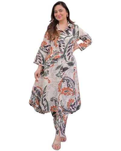 JALMALA’s Foresty Green Cotton Co-ord Kurta Salwar Set: Camoflaug...