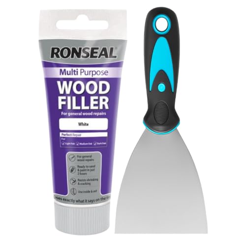 Ronseal White Wood Filler Tube 100g – Strong Wood Putty for Oak, Pine & MDF – Includes 3” Muelo Metal Filler Tool for Wood Repairs
