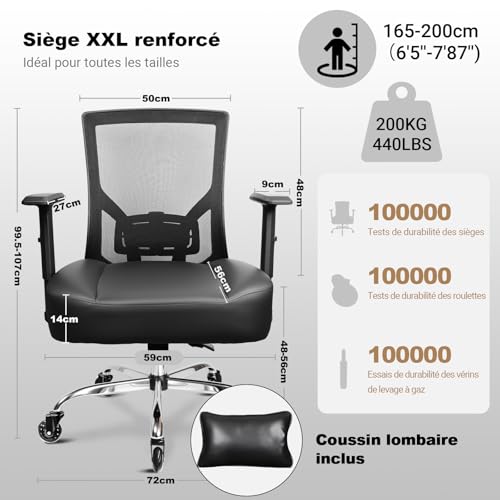 Fauteuil bureau 200 kg XXL ergonomique MELOKEA avec dossier inclinable en continu - 3