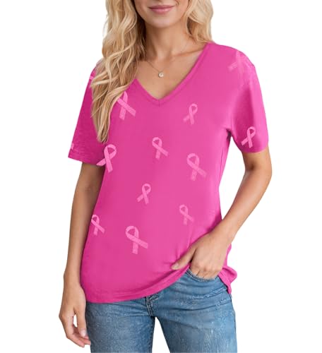 Eatbook Breast Cancer Shirts for Women Pink Ribbon Graphic V Neck Tee Tops — view 4