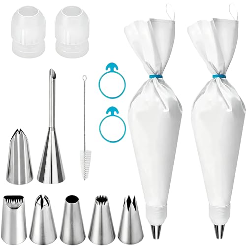 Piping Bags and Tips Set, 14Pcs Cake Decorating Kit with 16 inch Reusable Cotton Pastry Bags, Medium Icing Tips, 2 Couplers, 2 Icing Bags Ties, and Clean Brush
