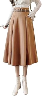 IDEALSANXUN Wool Midi Skirts for Womens High Waisted A Line Pleated Belted Fall Winter Skirts
