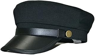 QUUPY 1 Pcs Black Retro Military Hat,Cotton Leather Captain Sailor Flat Cap,Used for Weekends, Daily Wear