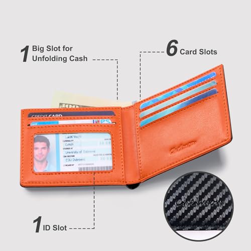 Image of Chelmon Slim Wallet for Men ID Window with RFID Blocking Front Pocket Minimalist Bifold Bussiness Card Holder Gift for Men, Carbon Black & Orange