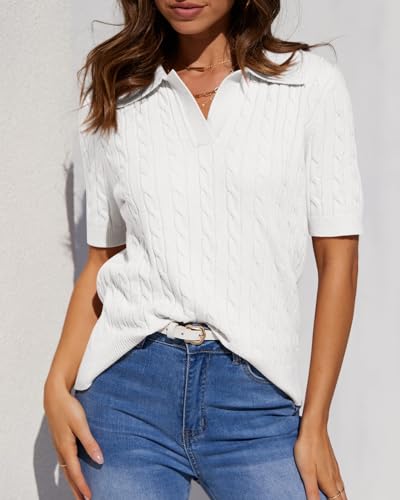 Image of Women's Cable Short Sleeve Sweaters Summer Casual Solid Lapel V Neck Knit Pullover Tops