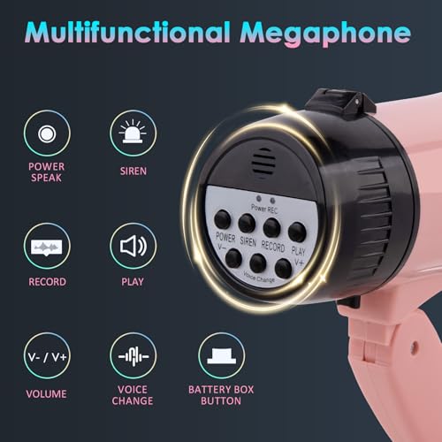 MyMealivos 20w Megaphone Speaker Portable Voice Changer Bullhorn with 6 Different Sound Effects & Built-in Siren and Record & Adjustable Volume Loud Speaker for Outdoor Sports, Party-Pink - Thumbnail 2