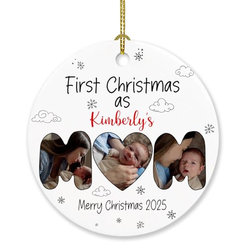First Christmas As My Mom Ornament, Personalized Photo Family Son/Daughter Ornament Gift for Mother Mommy Christmas 2024, Custom Date/Name & Picture Xmas Ornament, My 1st Christmas As Mom Ornament
