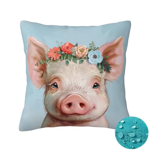 Outdoor Kissen Wetterfest 2 Stück Niedlich Kissenbezug 45x45cm, Sommer Gartenkissen Deko Outdoor Sitzkissen Wetterfest, Kissenbezüge Schwein...