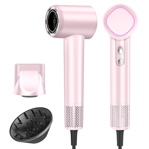 Phon Capelli Ionico 500M Ioni con Diffusore, Asciugacapelli da Viaggio 160.000 RPM (36m/s), Phon capelli professionale Veloce 3 Min, 59dB Silenzioso, Leggero 400g（Rosa）