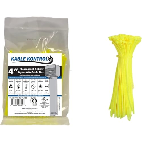 Image of Kable Kontrol Fluorescent Yellow Zip Ties 4 Inch 100 Pcs, 18 Lbs Tensile Strength, Self-locking Nylon Colored Cable Ties Wire Wraps for Indoor or Outdoor Use
