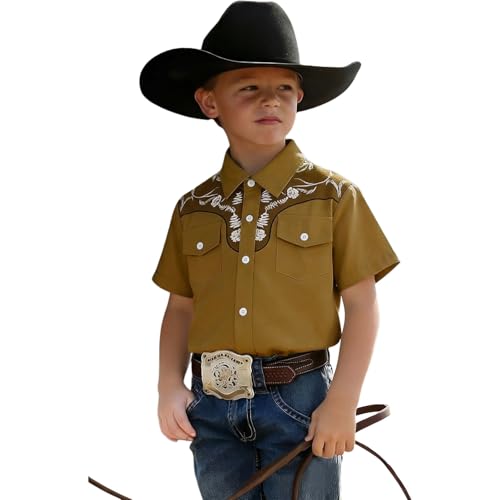 Ritatte Toddler Boys Girls Western Cowboy Shirts Retro Short/Long Sleeve Button Down Shirt Kids Floral Pockets Outfit Top(Brown-Short 5T(110))