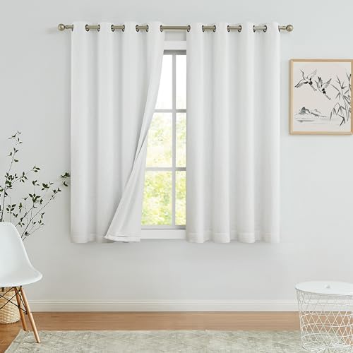 White Solid Full Blackout Window Curtains for Bedroom Noise Reducing Energy Efficient Drapes Heavy Linen Texture 8 Grommets Top for Living Room with White Liner, Cream White, 50" x 63", 2 Panels