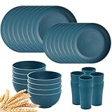 Juego de vajilla de paja de trigo de 32 piezas, platos y cuencos irrompibles con tazas, servicio para 8, vajilla ligera para cocina, camping, dormitorio, lavavajillas y microondas, azul oscuro