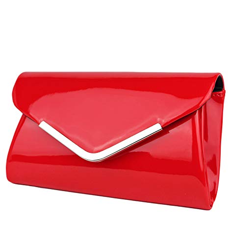 Schompi Pochette Élégante Pour Femme Avec Chaîne Détachable En Simili-Cuir Verni, Couleur:Rouge