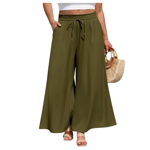 PASUDA Pantalon Fluide Femme Été Grande Taille Léger Pantalons Ample Décontractée Longueur Taille Haute Elastique Jambe Large Palazzo Pantalons Chic et Elegant avec Poches(Vert Militaire,XL)
