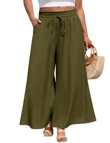 PASUDA Pantalon Fluide Femme Été Grande Taille Léger Pantalons Ample Décontractée Longueur Taille Haute Elastique Jambe Large Palazzo Pantalons Chic et...