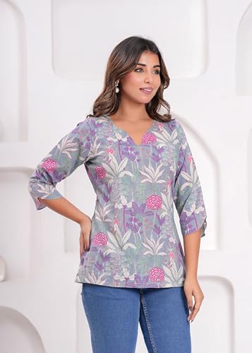 Image of MANHAREE Women's Cotton Floral Printed Short Kurti Top | V-Neck 3 /4 Sleeve Ethnic Tunic for Jeans | Casual Summer Wear Kurta for Women and Girls