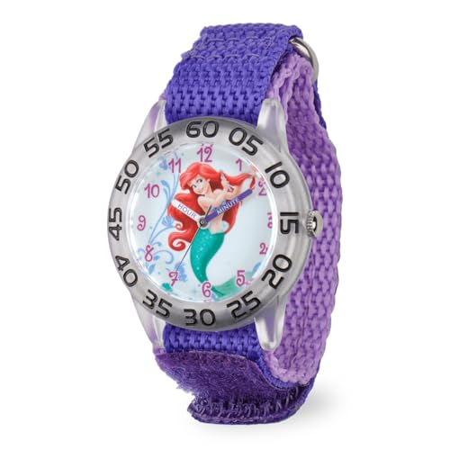 Disney Little Mermaid Ariel Watch for Girls Age 4–7 – Mermaid Watch Featuring Ariel Character Dial – Princess Gift for Kids – Clear Bezel with Black Numbers and Purple Fabric Strap with Velcro Closure