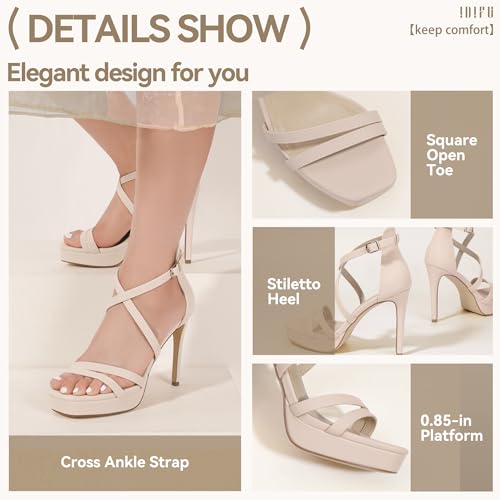 Image of IDIFU IN4 Platform High Heels for Women Strappy Heeled Sandals Square Toe Heels Stiletto Heels Women's Wedding Party Bridal Sexy Dress Shoes Open Toe Heels