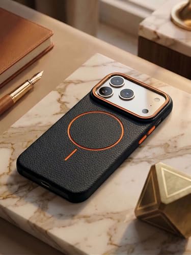 Image of amazon basics Luxury MagSafe Compatible Leather Texture Back Cover for iPhone 17 Pro | Raised Camera Protection | Slim Fit Shockproof Case with Metallic Accents (Black)