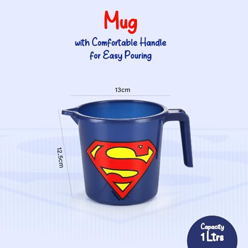 Image of Nayasa Kids Superman Print Bathroom Set of 3 for Children | 18 LTR Bucket, 1 LTR Mug and Stool Combo | Sturdy and Durable | Lightweight and Rigid | Easy to Clean and Attractive Design | Blue