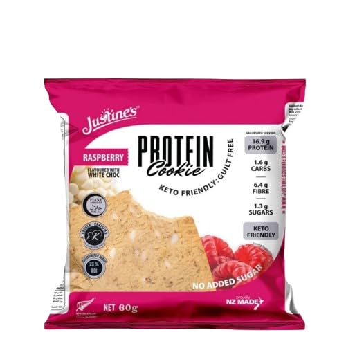 Justines Protein Cookie Raspberry White Chocolate With (12 X 60 Grams Each) | 16.9G Protein & 6.4G Fibre | Smart Snacking Solution | No Added Sugar | Keto Friendly | Guilt Free