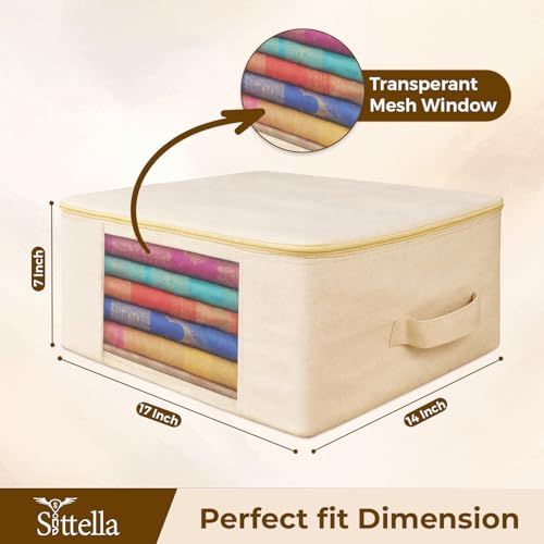 Image of SITTELLA Pack of 6 Cotton Canvas Saree Covers with Zip | 17 x 14 x 7 Inch Clothes Storage Bags for Sarees, Dresses & Lehengas | Wardrobe Organizer (Beige)