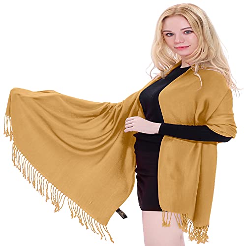CJ Apparel Light Gold Solid Color Tassels Design Nepalese Shawl Scarf Wrap Stole Throw Head Wrap Pashmina Hand Made in Nepal New