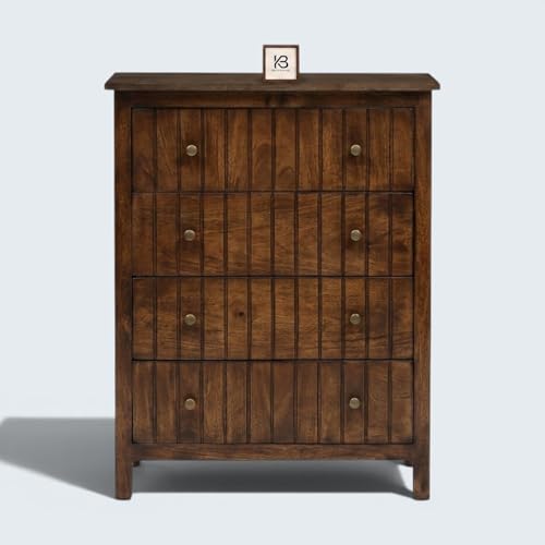 Image of Solid Wood Madrid Chest of Drawers | Drawer Chest with 4 Drawers | Wooden Drawer Storage Cabinet | Finish- Brown