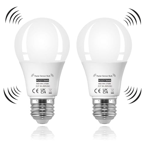 KOOYWAN LED Glühbirne mit Bewegungsmelder E27 9W Warmweiß 2700K Mikrowellen Radarsensor & Dämmerungssensor Sensorlampe für Flur Treppenhaus Garage A19b 2 Stück