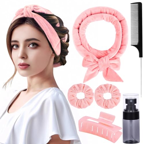 Ailsa Heatless Curlers to Sleep in Heatless Curling Rod Headband For Long Hair Overnight No Heat Curls For Women velvet Hair Rollers, Bottle, Hair Clips, Scrunchie, Rat-tail Comb, 6 Pieces Set (pink)