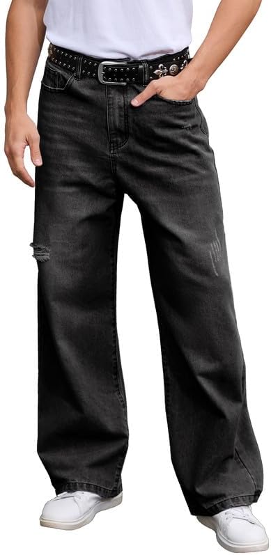 WICUSION Men's JNCO Baggy Jeans Y2K Vintage Ripped Wide Leg Distressed Denim Pants Skater Jean Hip Hop Streetwear Loose Fit