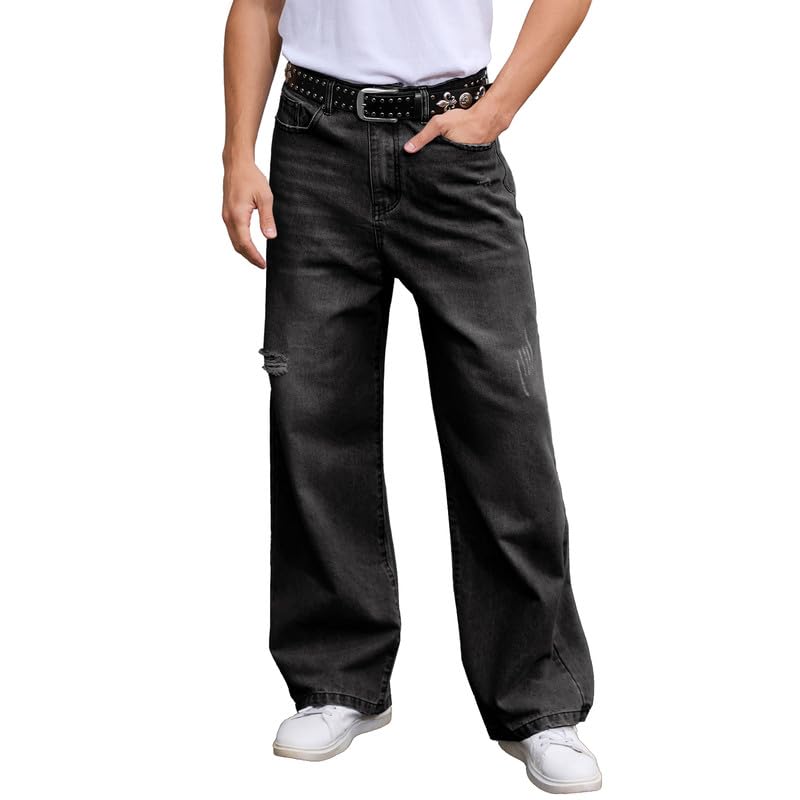Men's Baggy Jeans Ripped Wide Leg Distressed Denim Pants Hip Hop Streetwear Loose Fit