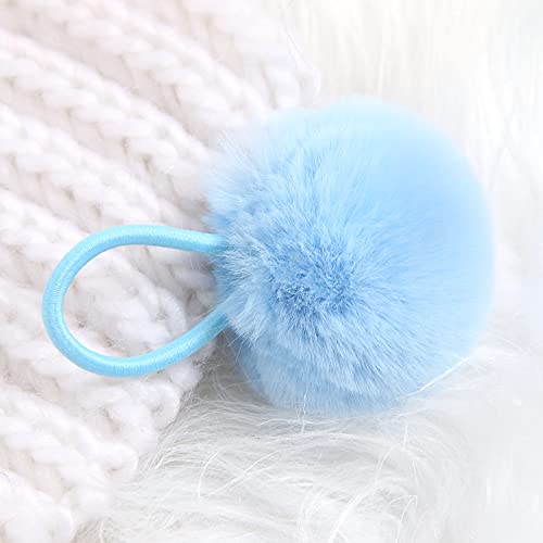 Susulu Furry Hair Elastic Bands Faux Rabbit Fur Pompom Hair Ties Scrunchies For Women, Rubber Band With 5Cm Ball Ponytail Holder Accessories Pack Of 12Pcs (Light Blue) #TOP2