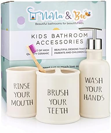 Cute Kids Bathroom Accessories Set | 3 pc Modern Farmhouse White Ceramic Toothbrush Holder, Liquid Hand Soap Dispenser & Rinse Cup | WASH Your Hands, Brush Your Teeth Decor for Child Bath Room