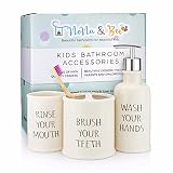 Cute Kids Bathroom Accessories Set | 3 pc Modern Farmhouse White Ceramic Toothbrush Holder, Liquid H