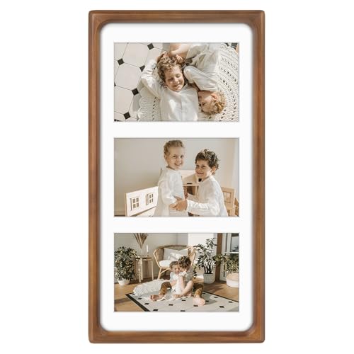 Golden State Art, 4x6 Collage Picture Frame - Solid Wood with Real Glass - Multi Picture Frame for (3) 4x6 Photos or One 7x14 Print - Rounded Corner Design - Collage Wall Decor - Brown