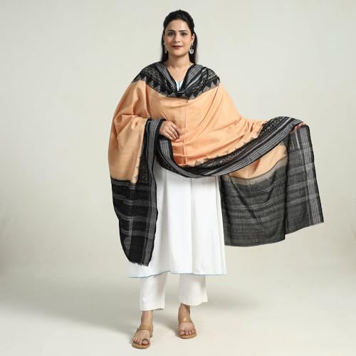 Image of Cotton Dupatta with weaving and Ikat woven border from the Weavers Stole for Girls & Women