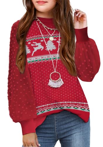 Image of Arshiner Girls Puff Long Sleeve Sweaters Crewneck Lace Polka Dot Casual Knit Tops Pullover Jumper Outwear for Kids