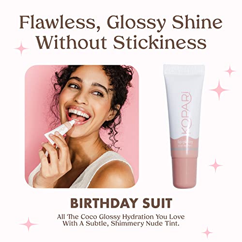 Kopari B081HH9F2W Coconut Lip Glossy | Nude Tint Birthday Suit | Vegan Hydrating Moisturizing Lip Oil Vitamin E Shea Butter Long Wear High Shine Non Sticky | Natural Clean Plant Based Non Toxic Balm Paraben Free thumb #2
