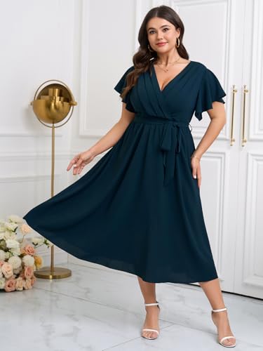 Womens Plus Size Dress Wedding Guest Cocktail Pleated V Neck Faux Wrap V Neck Flowy A Line Midi Dresses with Belt3
