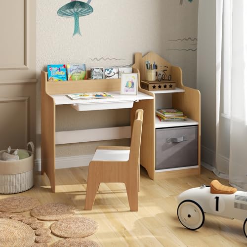 GOPLUS Bureau Enfant Fille Garçon en Forme de Maison, Table Enfant avec Chaise Ergonomique, Bureau d'Étude avec Rangement, Étagère et Tiroirs, pour Chambre...