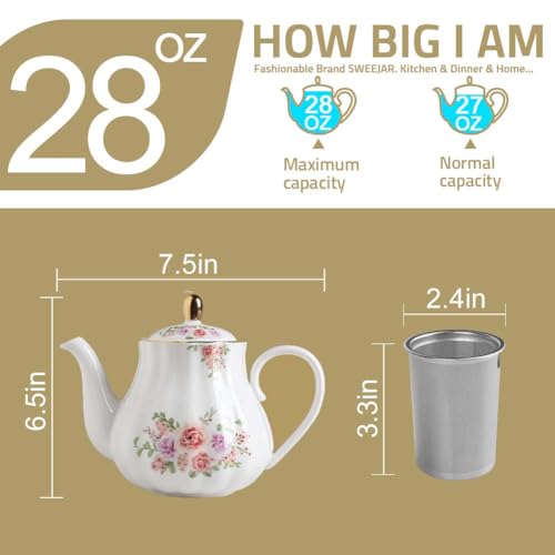 Sweejar Royal Teapot, Ceramic Tea Pot with Removable Stainless Steel Infuser, Blooming & Loose Leaf Teapot (Rose Flower, 28 Ounce) by Sweejar - Image 5