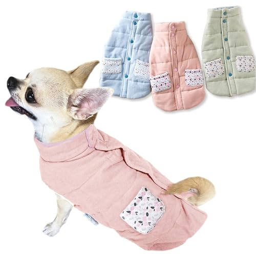 Pets Family(ペッツファミリー) 犬服 ベスト 綿100% リバーシブル 背中開き 秋冬 冬用 防寒 中綿 コート ドッグウェア ペット服 背開き 小型犬 中型犬 (S, ピーチブロッサム)