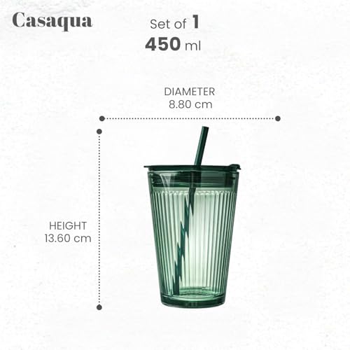Image of Premium Ribbed Drinking Glass Tumbler with Lid & Straw - 450ml, Set of 1, Reusable Green Minimalist Mug for Iced Coffee, Juice, Smoothies & Cold Beverages, Leak-Resistant Travel Cup